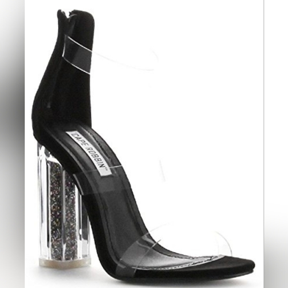 CAPE ROBBIN Maria-7 Lucite Clear Perspex Glitter Block Heel Open Peep Toe Sandal - Picture 3 of 5